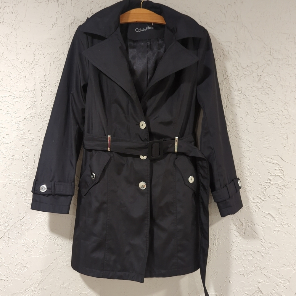 Calvin Klein Black Polyester Trench Coat with Belt - Women's XS Missing Button